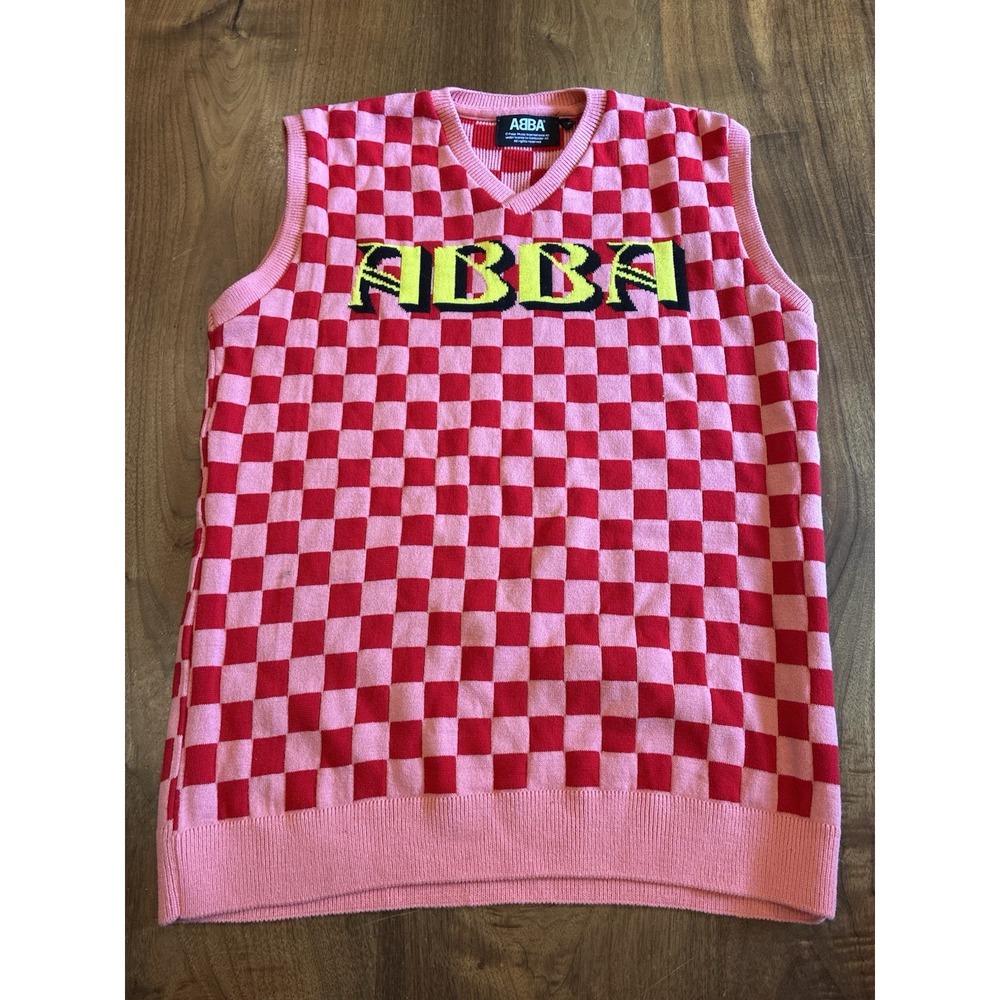 ABBA Knitted Vest Sweater Red Pink Yellow Size Medium Mint Condition Music